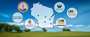 UW-Eau Clarie, UW-Stevens Point, UW-Green Bay, UW-Madison, UW-Milwaukee, UW-Oshkosh logos next to a silhouette of Wiscosnin