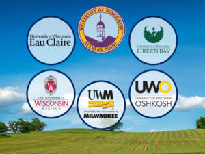 UW-Eau Clarie, UW-Stevens Point, UW-Green Bay, UW-Madison, UW-Milwaukee, UW-Oshkosh logos
